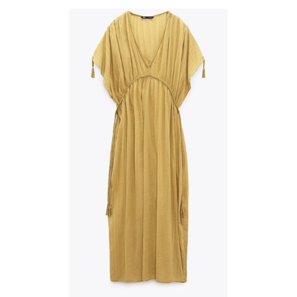 Zara BNWT Mustard Ochre Kaftan Yellow 100% Cotton M-L MIDI Dress Grecian - Picture 1 of 4